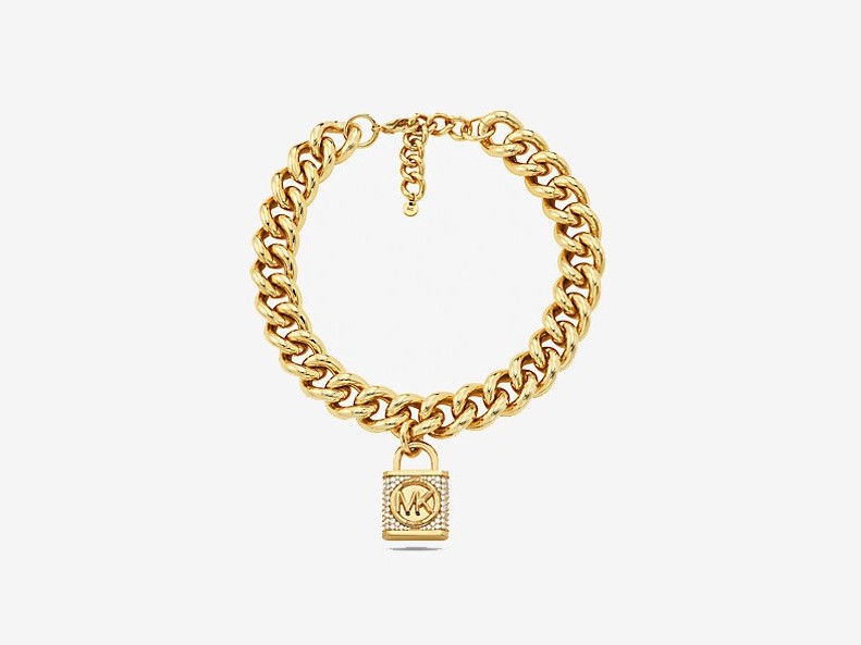 Precious Metal-Plated Brass Pavé Lock Curb Link Necklace